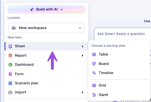 The create menu with Sheet selected and the starting sheet view types available to select