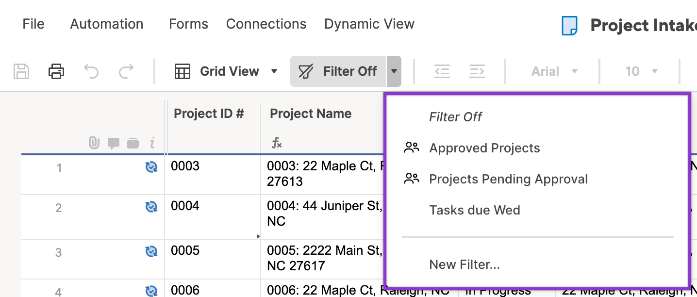 A sheet filter menu, listing available filters and options to create a filter or turn off filters