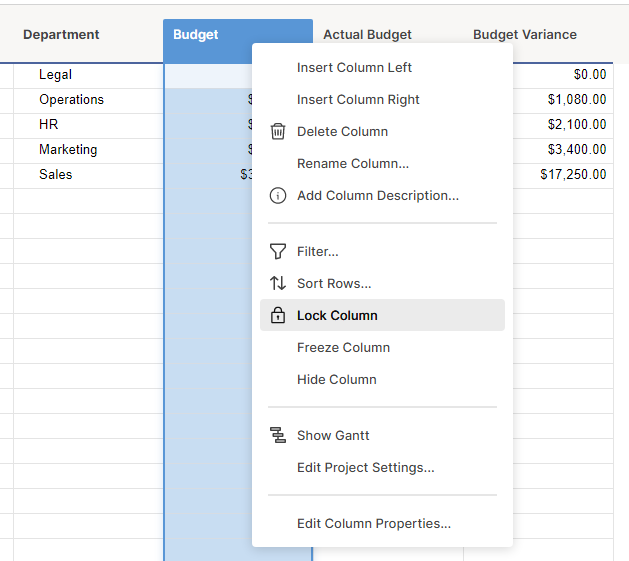 dropdown menu with lock column highlighted