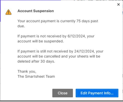 Account suspension notification with option to edit payment information