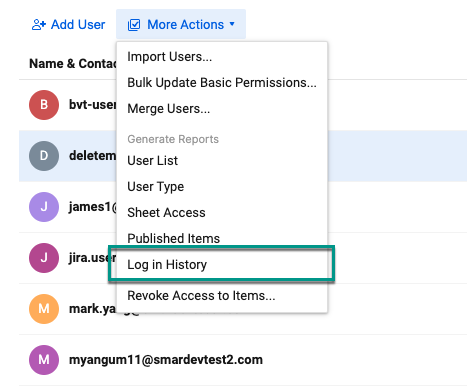 Log in History option in More Actions drop-down