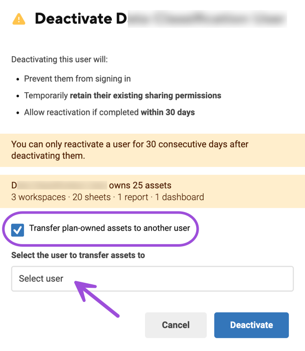 Transfer plan-owned assets to another user checkbox, selected, in the Deactivate dialog, with the Select user field below it and the Cancel and Deactivate buttons at the bottom