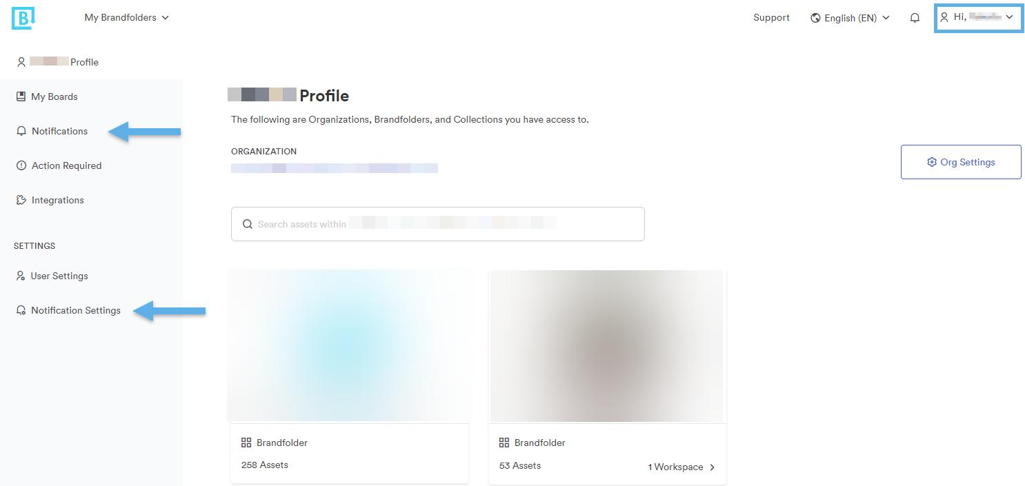 Brandfolder's My Profile view with the options for Notifications and Notification Settings