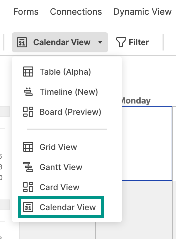 Calendar View dropdown selection