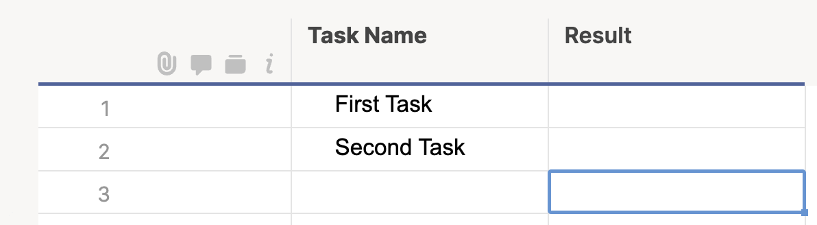 Sheet with two rows with Task Name column values "First Task" and "Second Task"