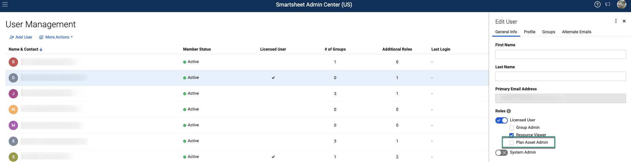 Assign the Plan Asset Admin role via User Management screen in Admin Center