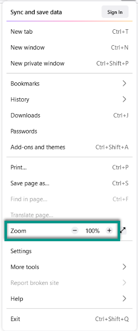 Firefox menu showing zoom in and out controls