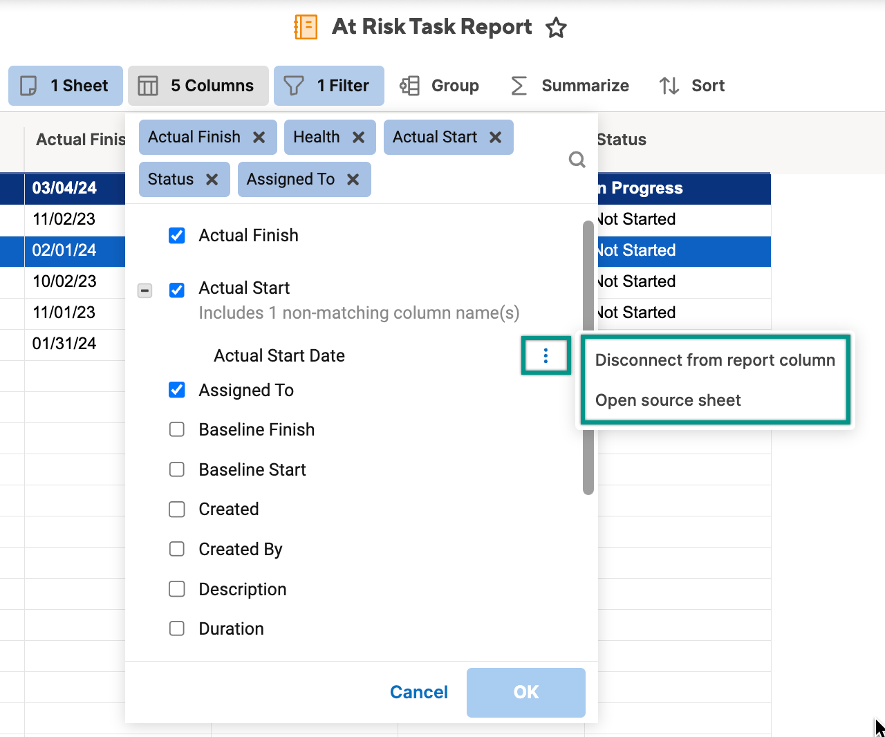 Disconnect from report option