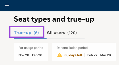 True- up tab on the User Types and True-up page in Admin Center.