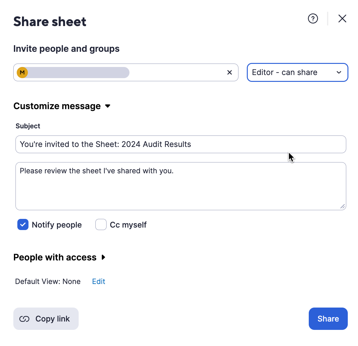 Share modal - Customize message view