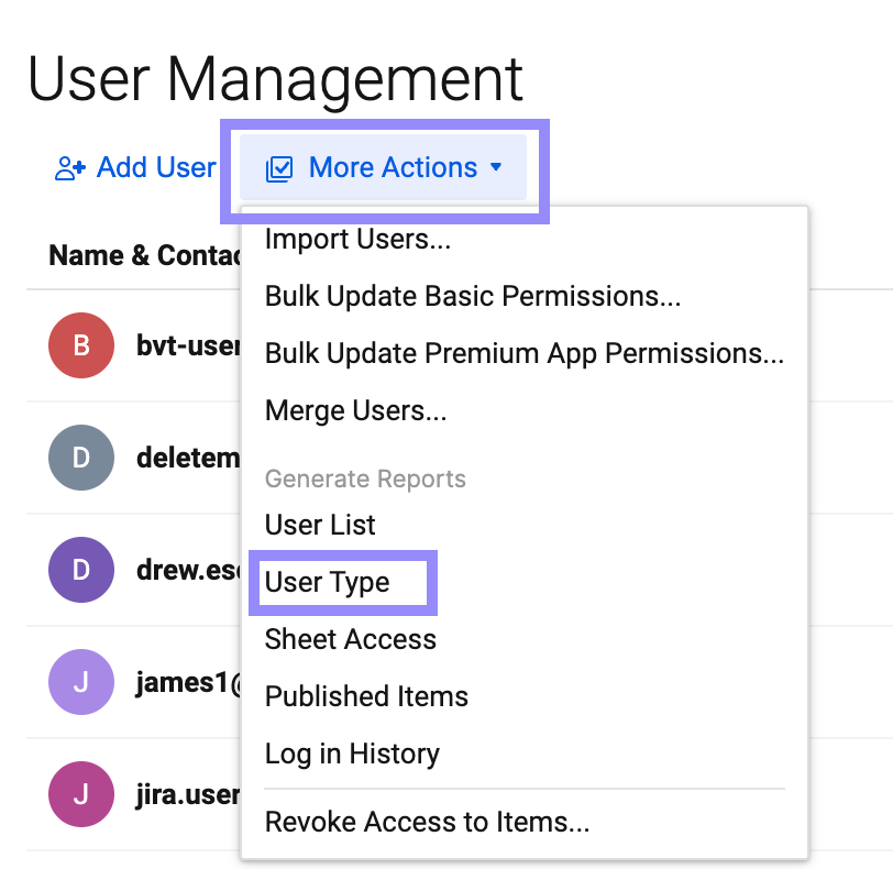 Generate user type report option in User Management page.