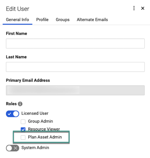 Assign the Plan Asset Admin role via User Management screen in Admin Center