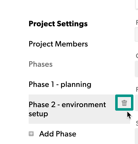 Mouse hovered over a phase settings tab, with the trash icon highlighted