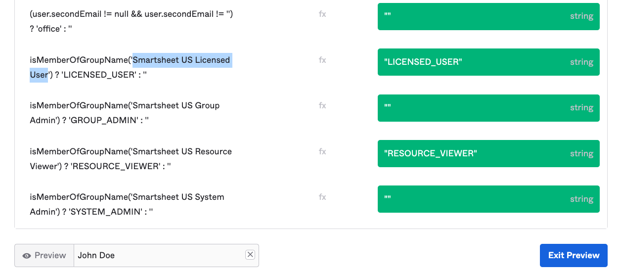 Preview of the Okta to Smartsheet mapping