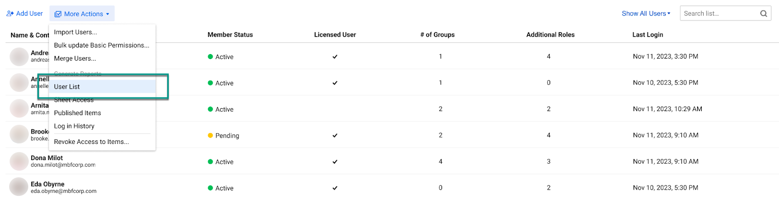 Download User List as a CSV file