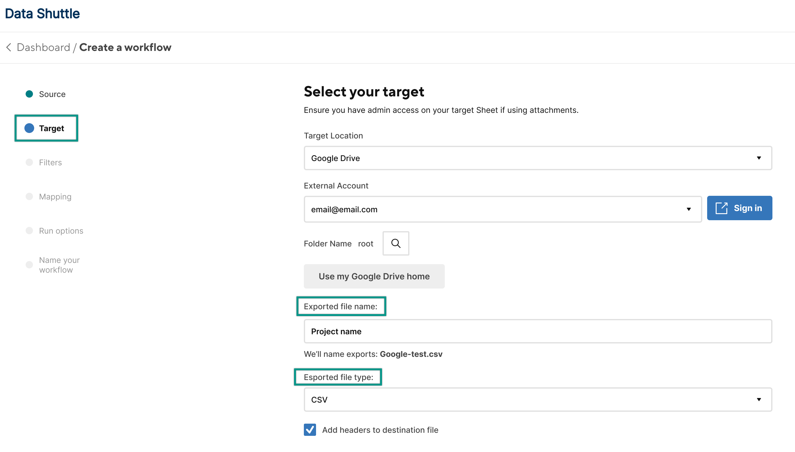 Fill in the target fields