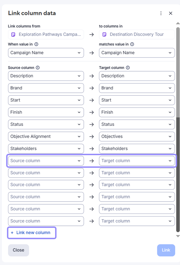 Add a new column mapping in column links