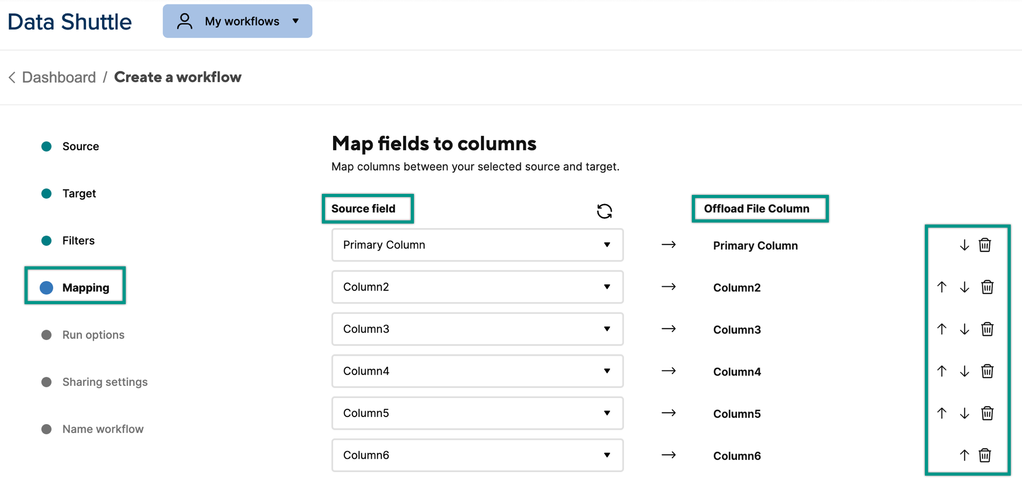 Map columns between the two systems