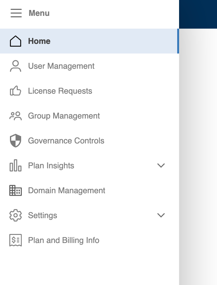 The Account menu includes User Management, Group Management, License Requests, Plan and Billing Info, and more.