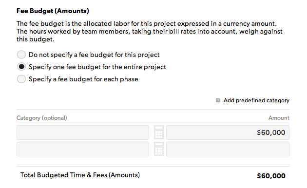 time, fee, and expense budget settings