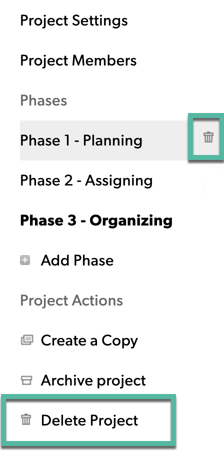 delete a project phase button
