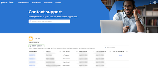 Customer support portal with links to Help, Community, Training and a search box and case list