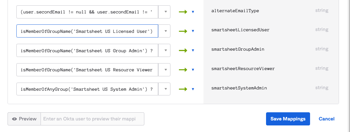 Okta user to Smartsheet mapping example