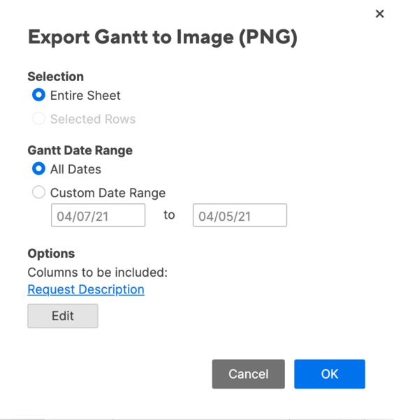 A window to export Gantt chart to an image (PNG)
