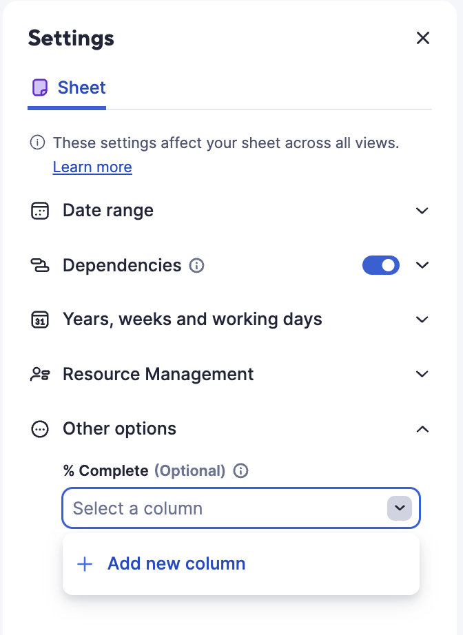 Sheet settings panel