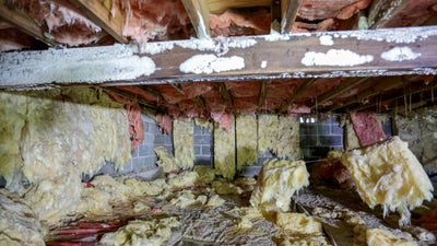 Nasty crawl space with mold, wood rot, and failing insulation