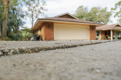 Cracked concrete in backyard of home by pool
