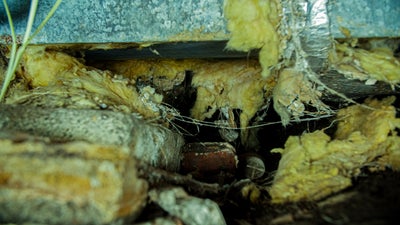 Damp and failing fiberglass insulation in crawl space