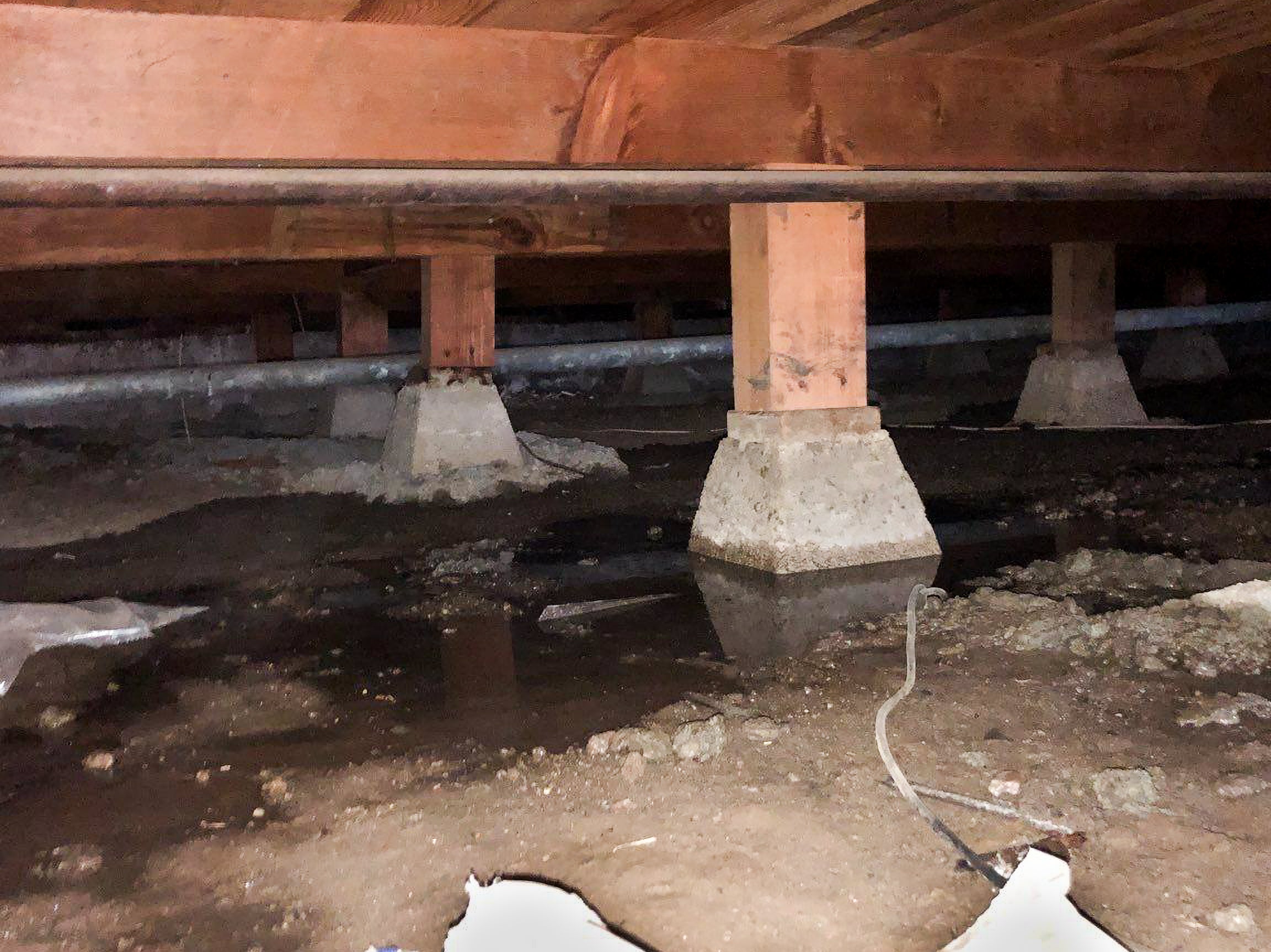 A dirt crawl space with standing water that unless fixed will cause mold. 