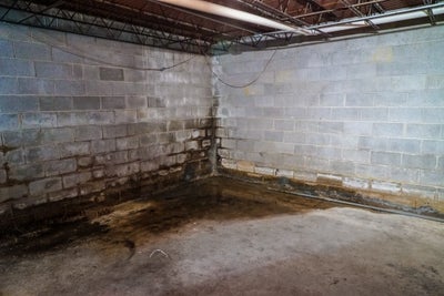 Wet basement with leaking in the corner.