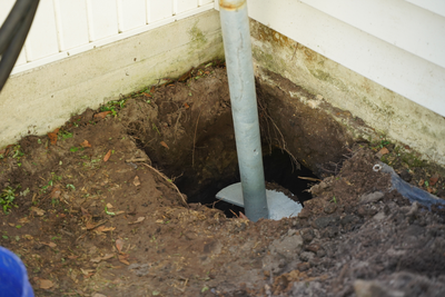 A helical pier being installed in front yard of a home