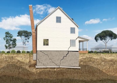 A home with many signs of foundation damage such as cracking walls & floors, tilting chimney, and uneven floors