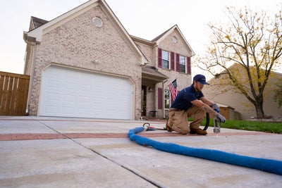A worker repairing a driveway with PolyRenewal.