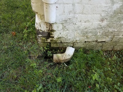 damaged downspout and poor drainage next to foundation