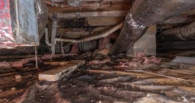 nasty, wet crawl space with mold and failing insulation
