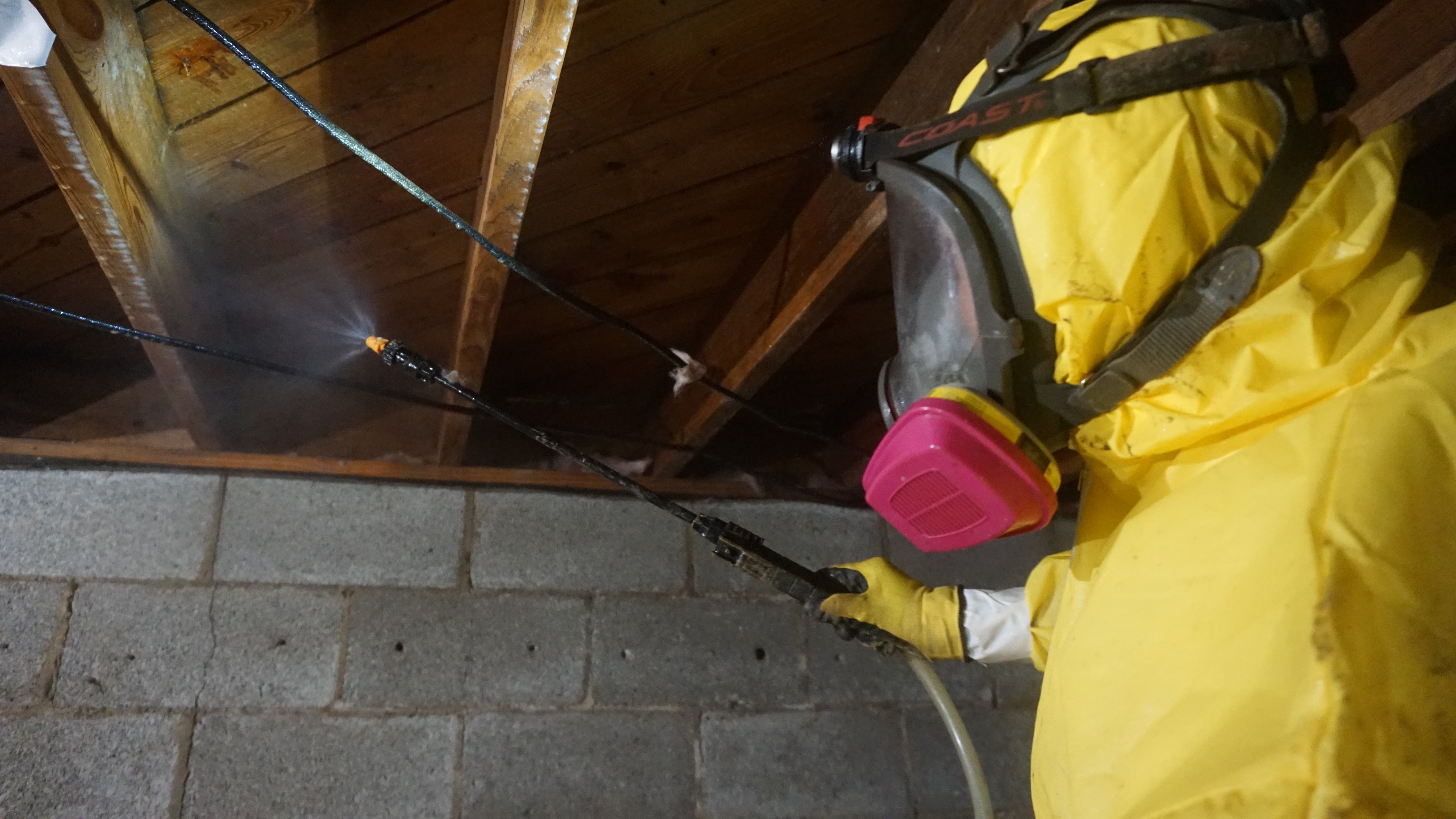 Man in yellow protective suit removing mold with spray