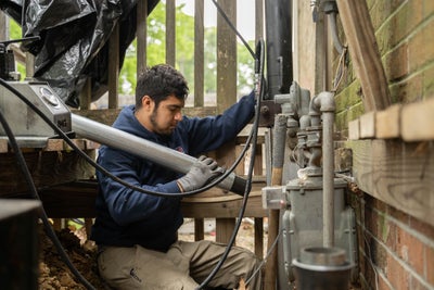 JES installer attaching a foundation pier to machinery for installation.