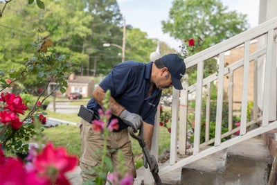 Groundworks crew member shoveling garden plants flowers