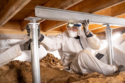 A worker installing crawl space jacks.