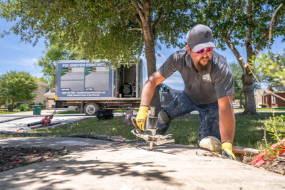 crew member installing polyurethane injection concrete lifting and leveling