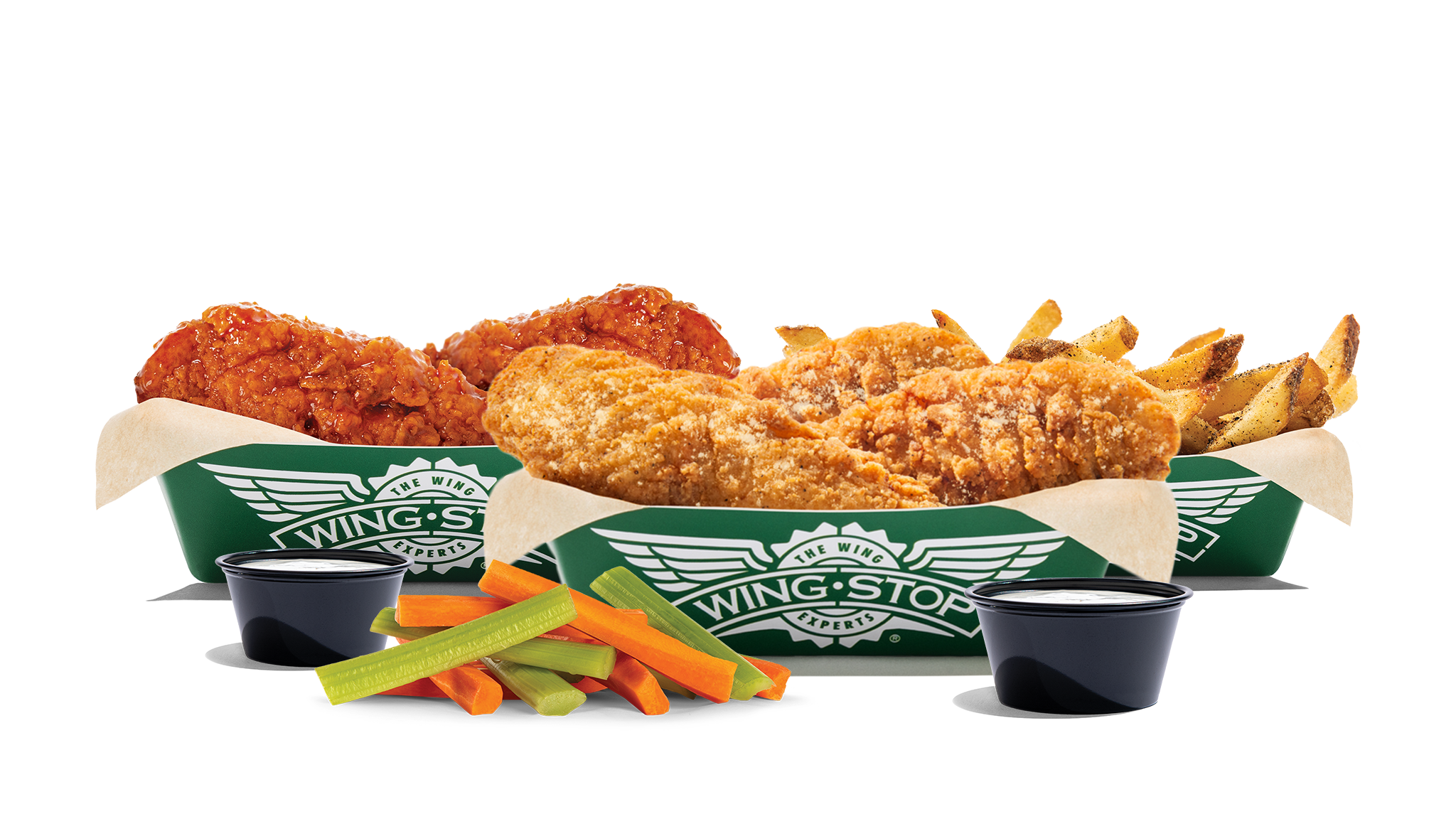 image-for6 of our Crispy Tenders with 2 flavors, large fries, regular veggie sticks, and 2 dips