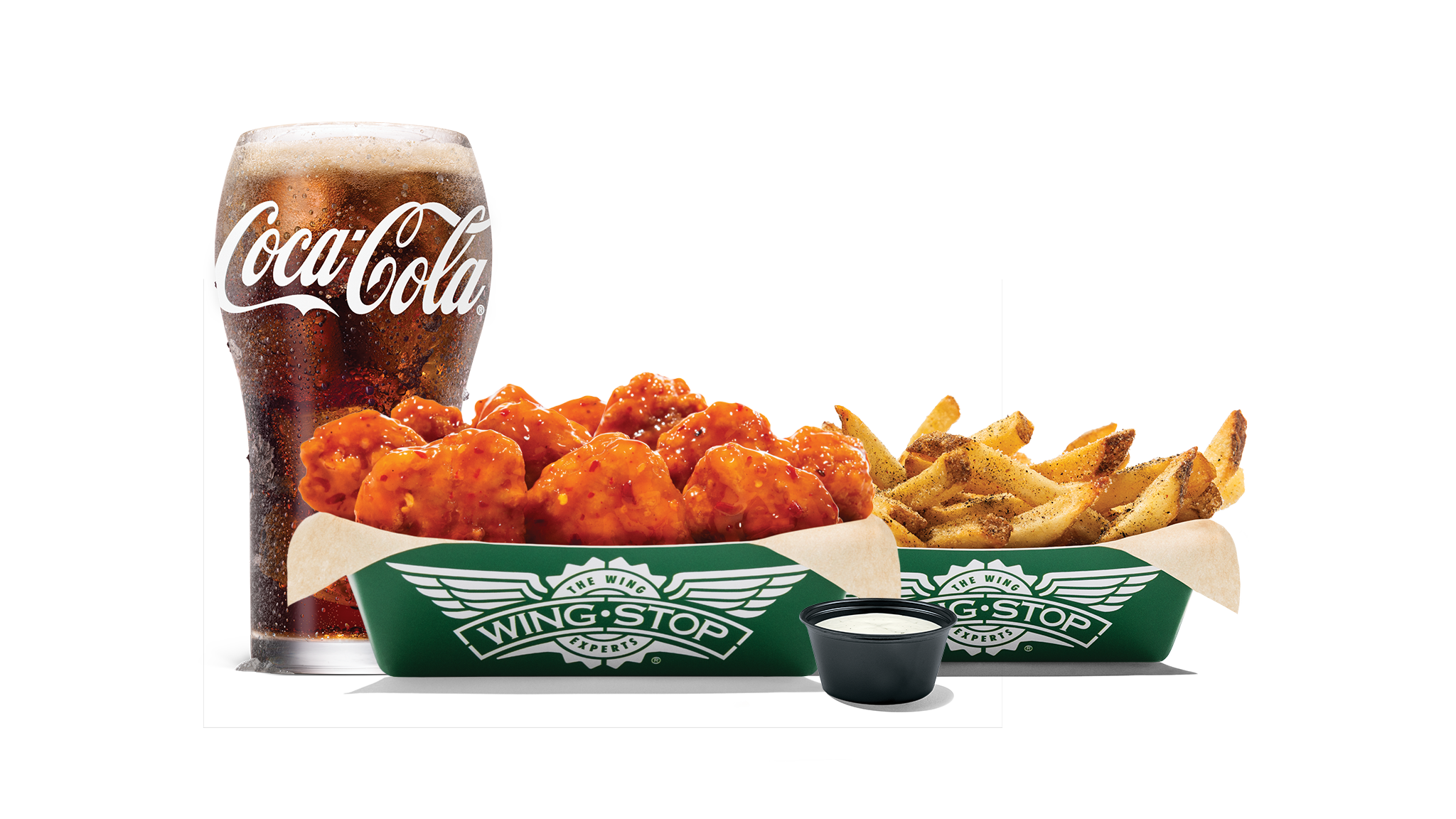 image-for10 Boneless wings with up to 2 flavors, regular fries or veggie sticks, 1 dip and a 20oz drink
