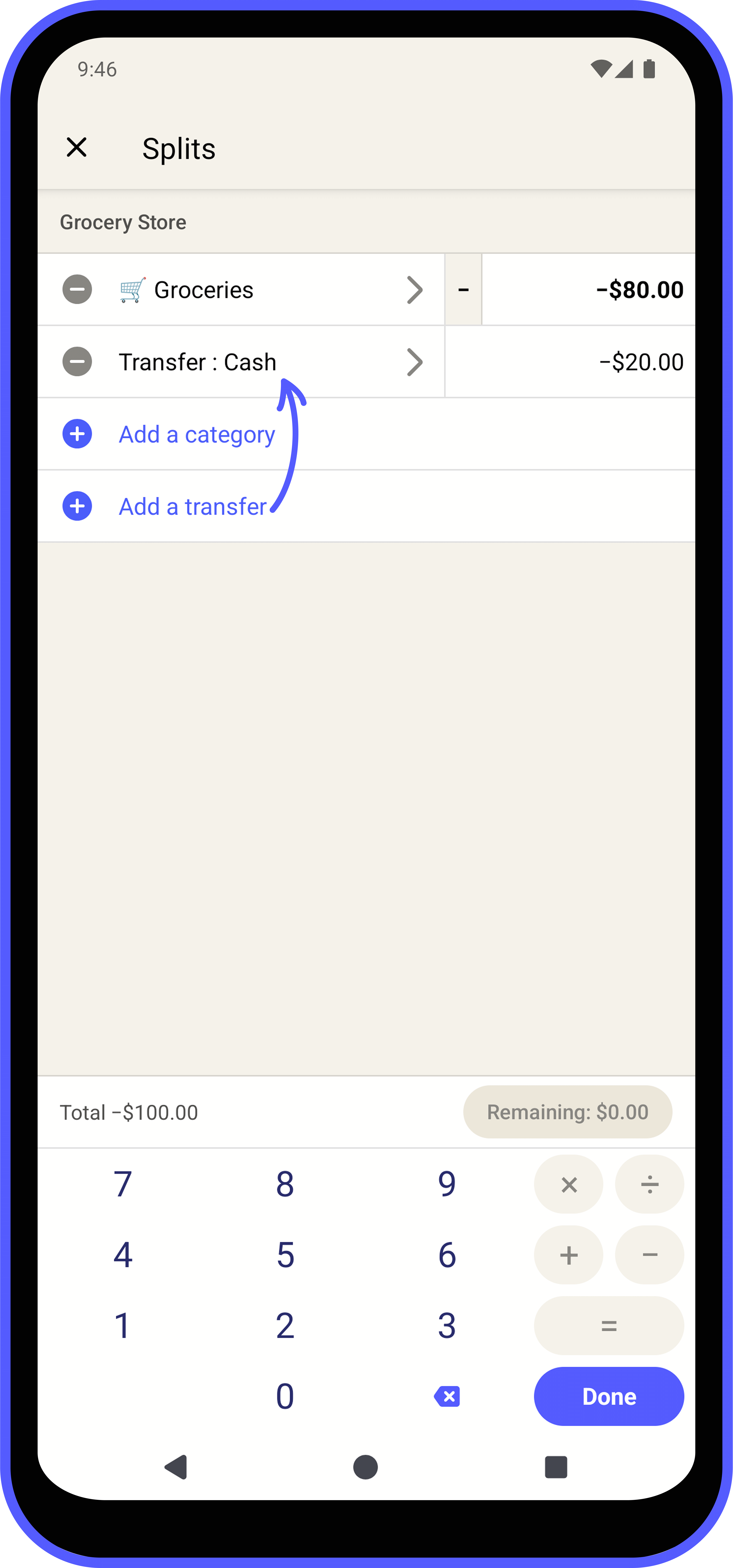 On the Splits window in addition to the category options, you can tap Add a Transfer to move funds to a selected account.