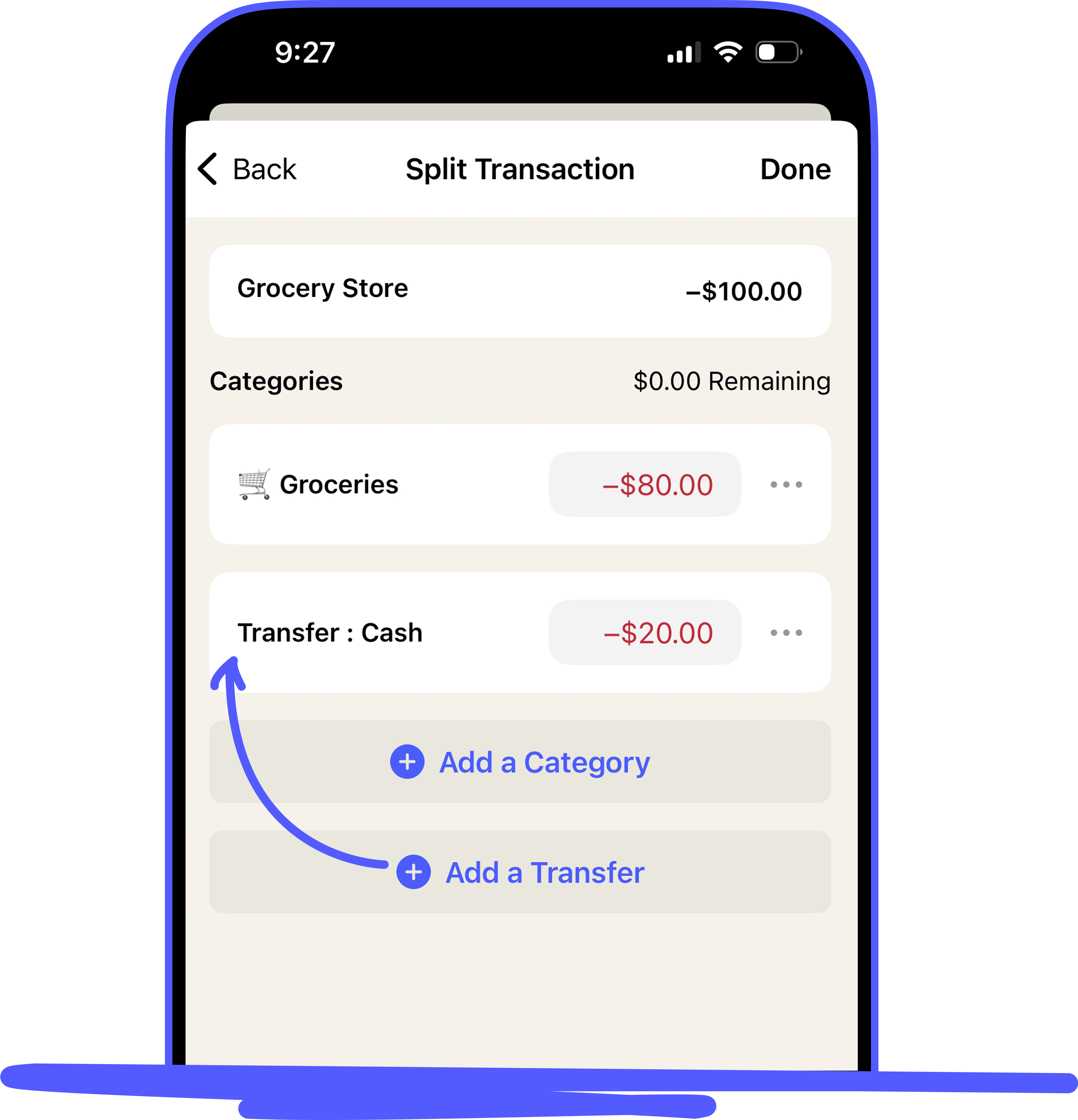 On the Splits window in addition to the category options, you can tap Add a Transfer to move funds to a selected account.