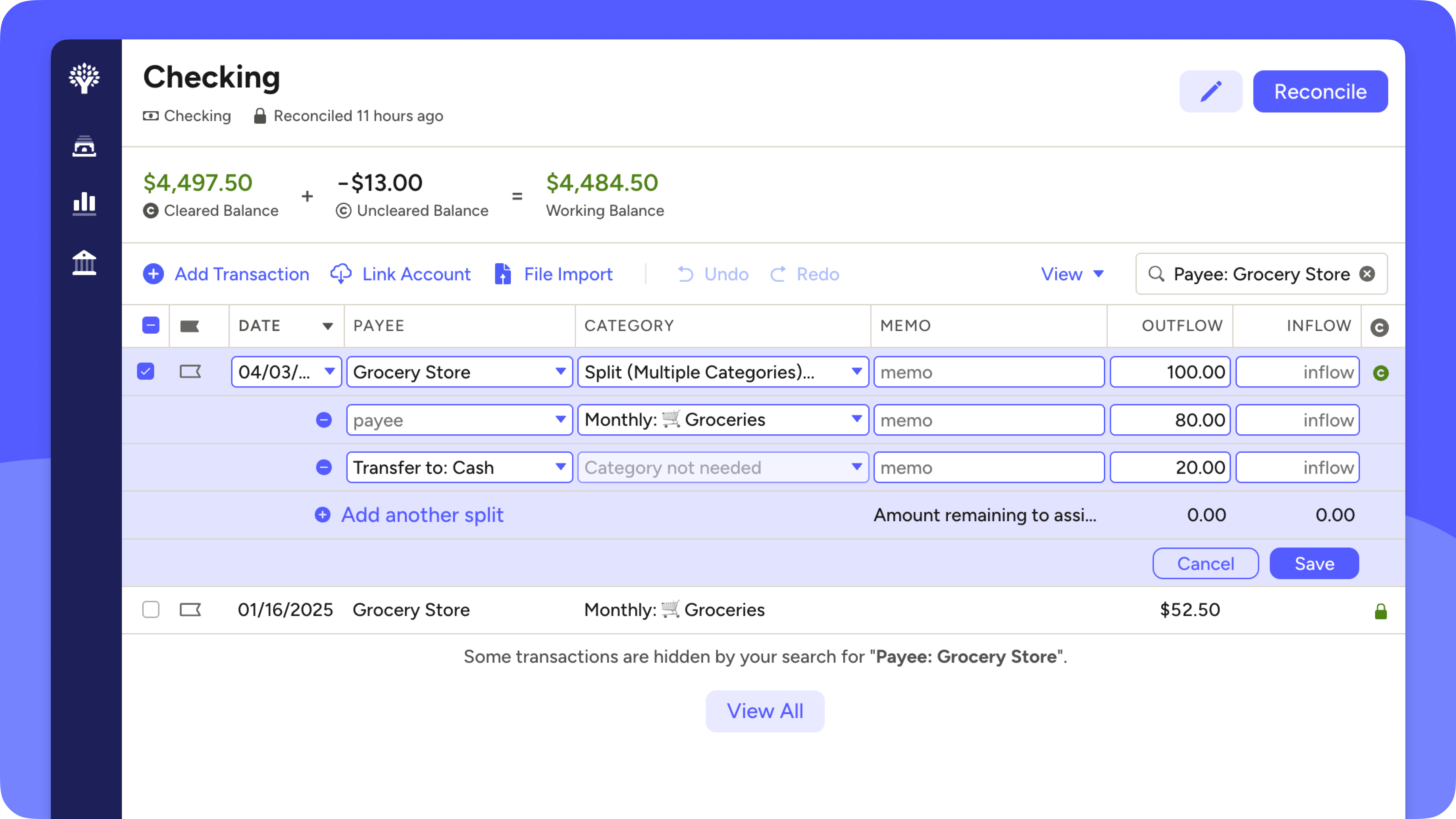 A transaction for the grocery store has two separate lines: one to groceries, and another with a Transfer to Cash payee