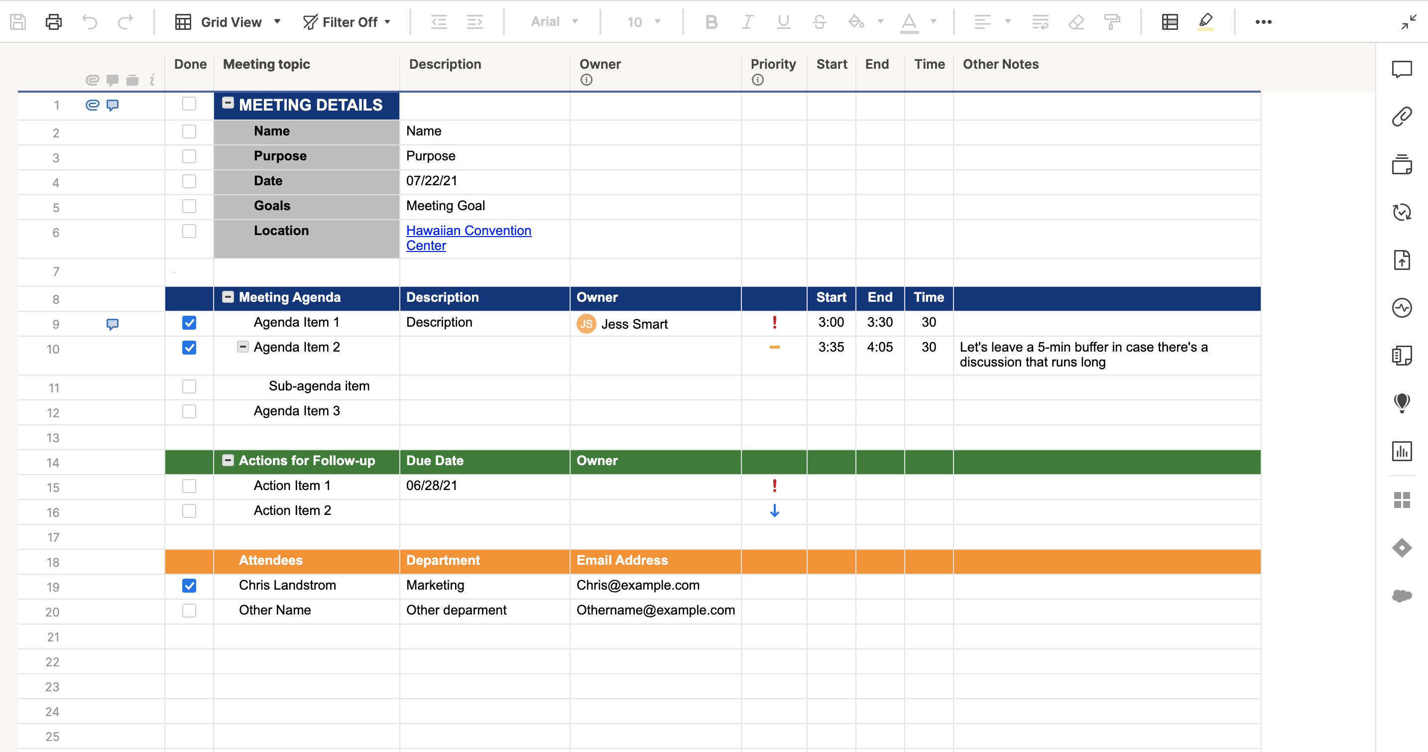 Meeting Agenda Attendance Follow Up Template Smartsheet